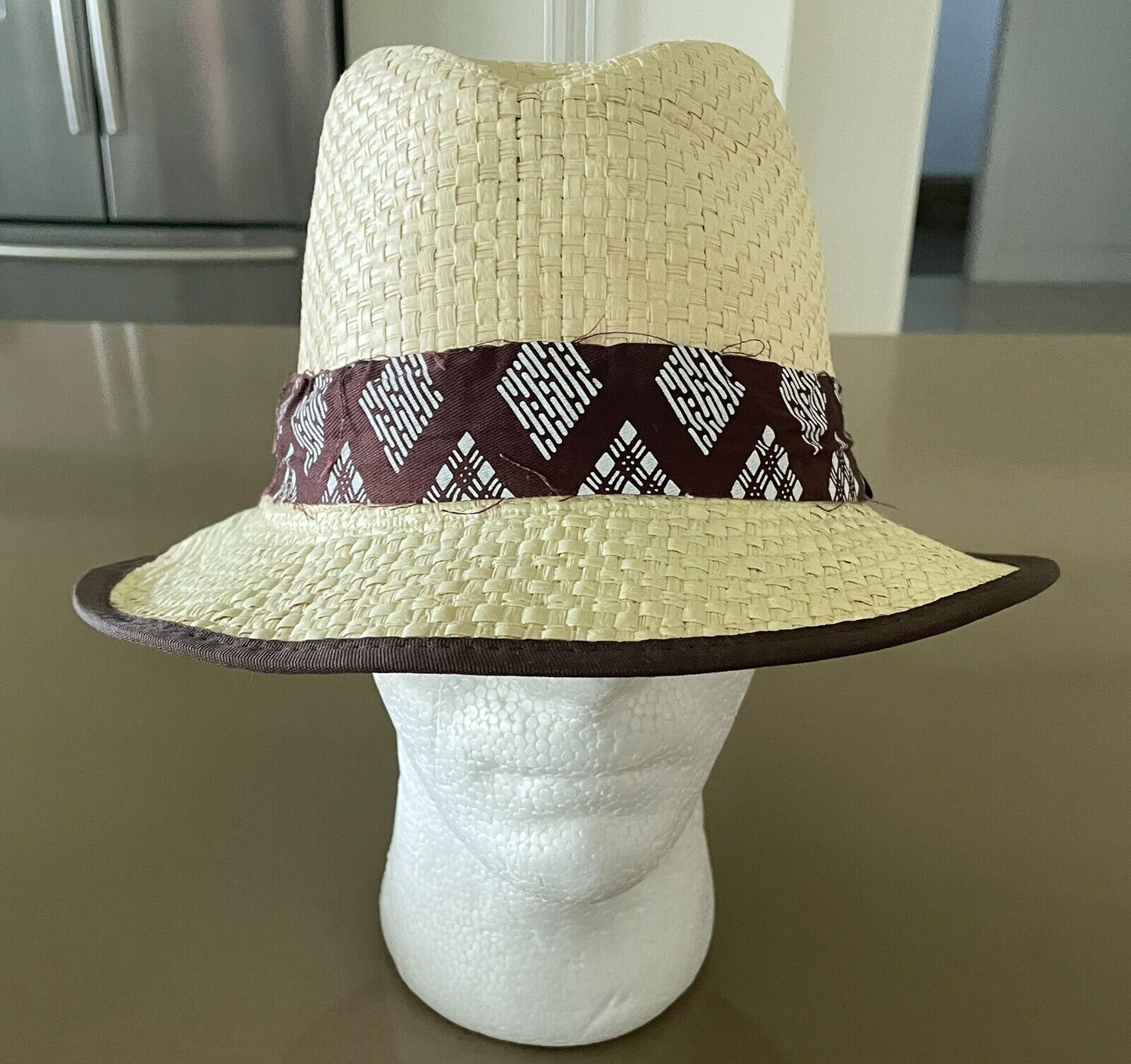 Fedora Hat Raffia Natural Trilby Size S M 57cm Brown White Trim Palm Beach