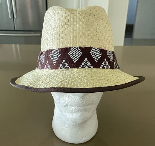 Fedora Hat Raffia Natural Trilby Size S M 57cm Brown White Trim Palm Beach