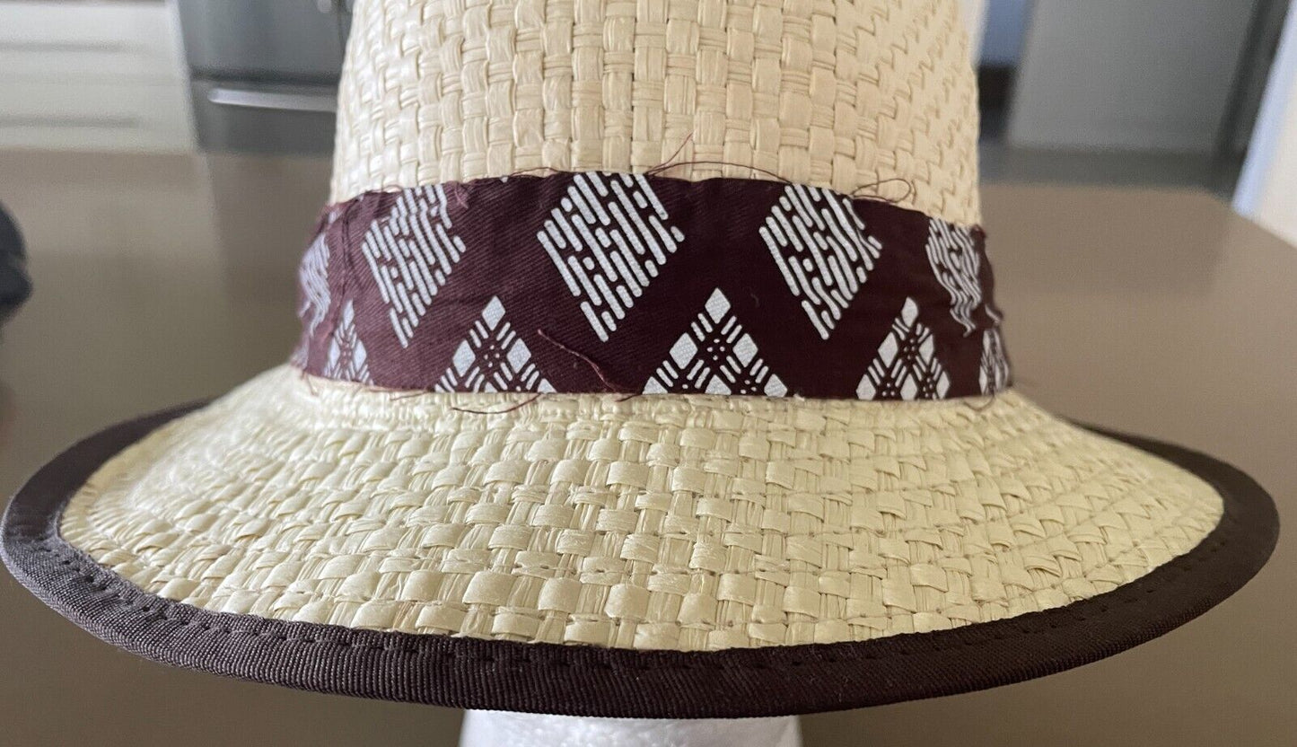 Fedora Hat Raffia Natural Trilby Size S M 57cm Brown White Trim Palm Beach