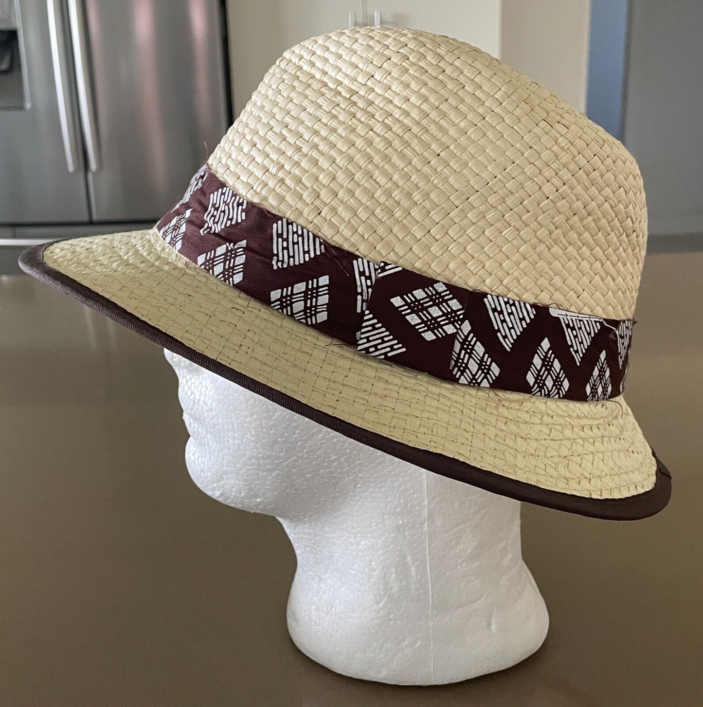 Fedora Hat Raffia Natural Trilby Size S M 57cm Brown White Trim Palm Beach