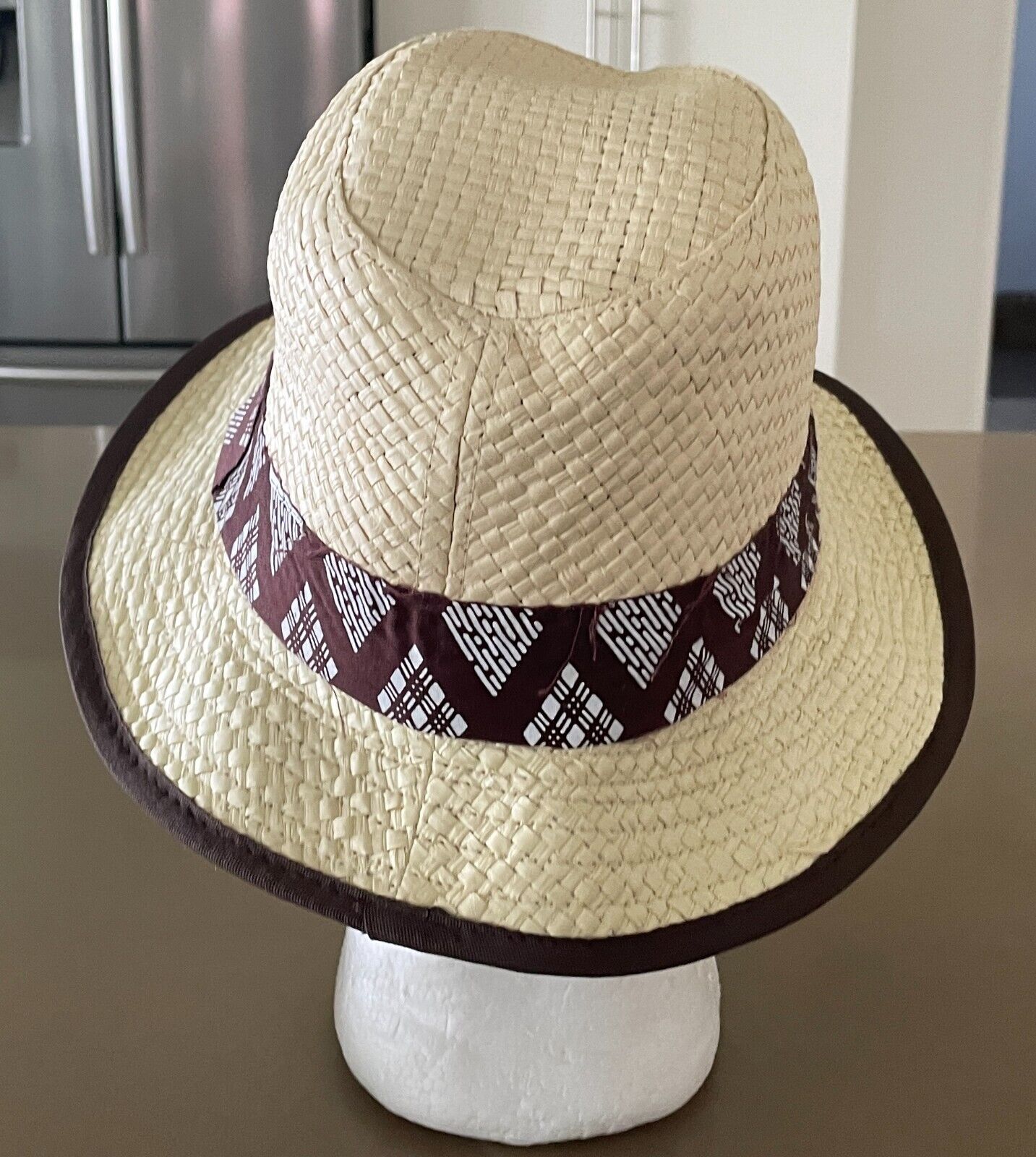 Fedora Hat Raffia Natural Trilby Size S M 57cm Brown White Trim Palm Beach