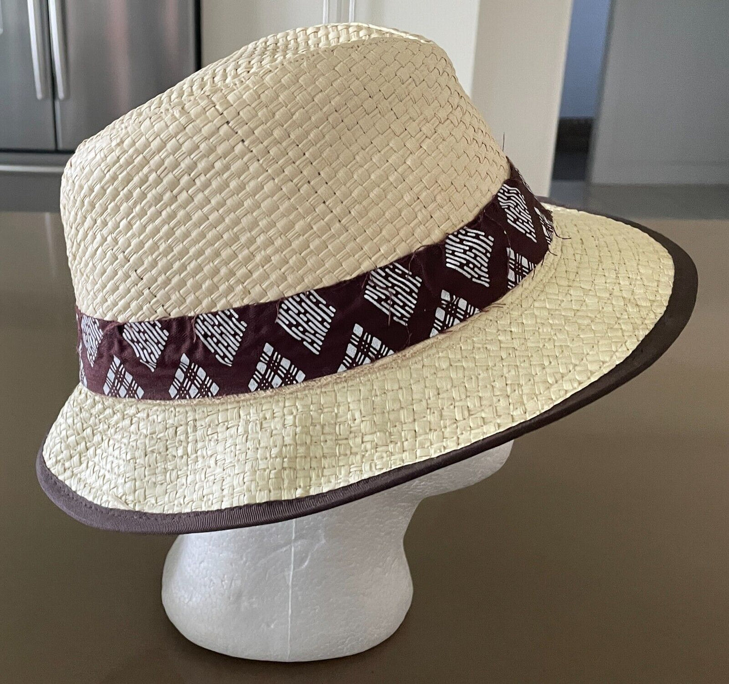 Fedora Hat Raffia Natural Trilby Size S M 57cm Brown White Trim Palm Beach