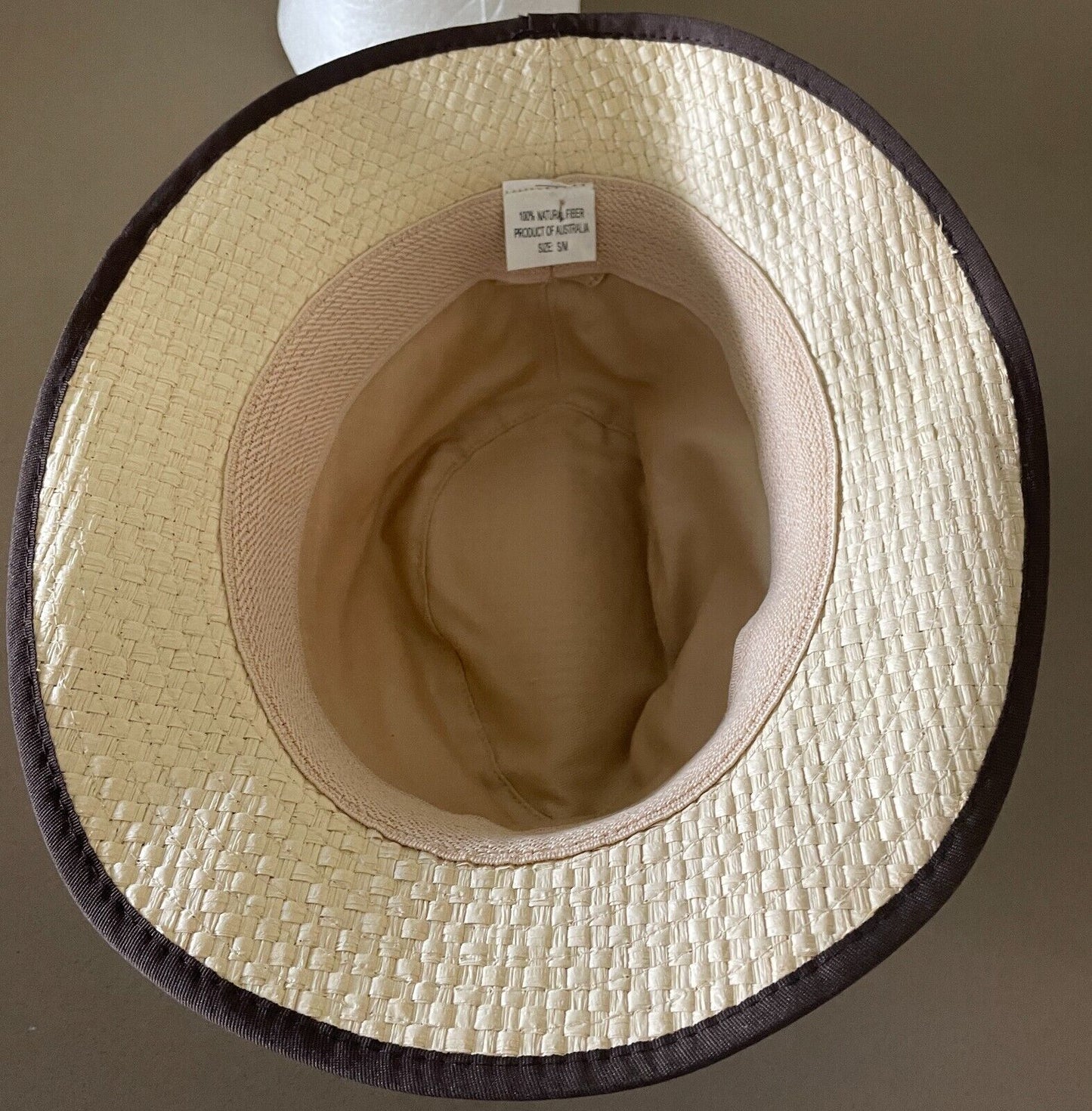 Fedora Hat Raffia Natural Trilby Size S M 57cm Brown White Trim Palm Beach