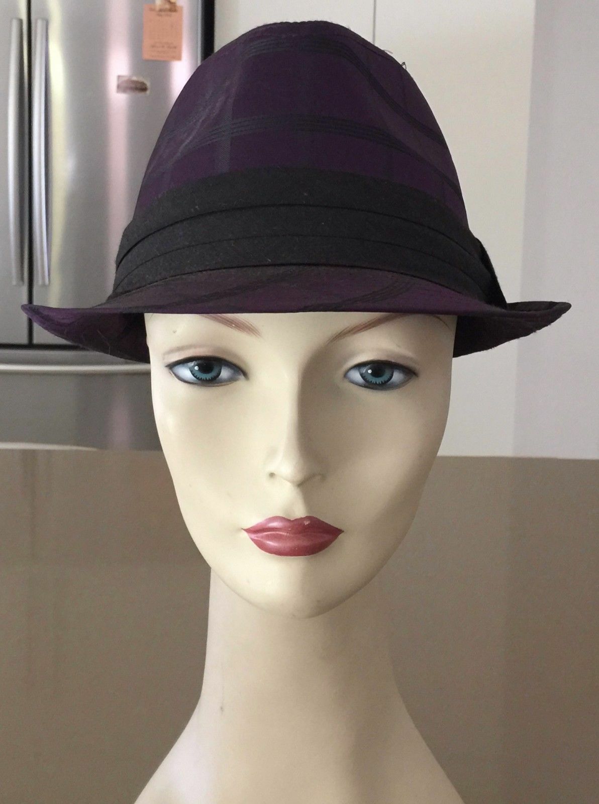 TRILBY STYLE HAT Purple & Black Check Size L To Fit 58cm Headwear Hipster Retro