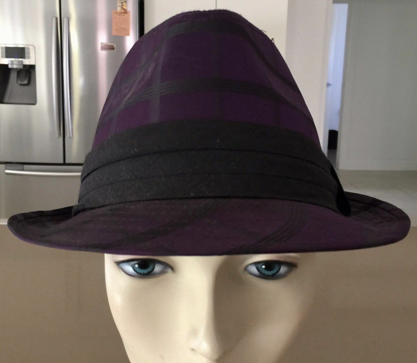 TRILBY STYLE HAT Purple & Black Check Size L To Fit 58cm Headwear Hipster Retro