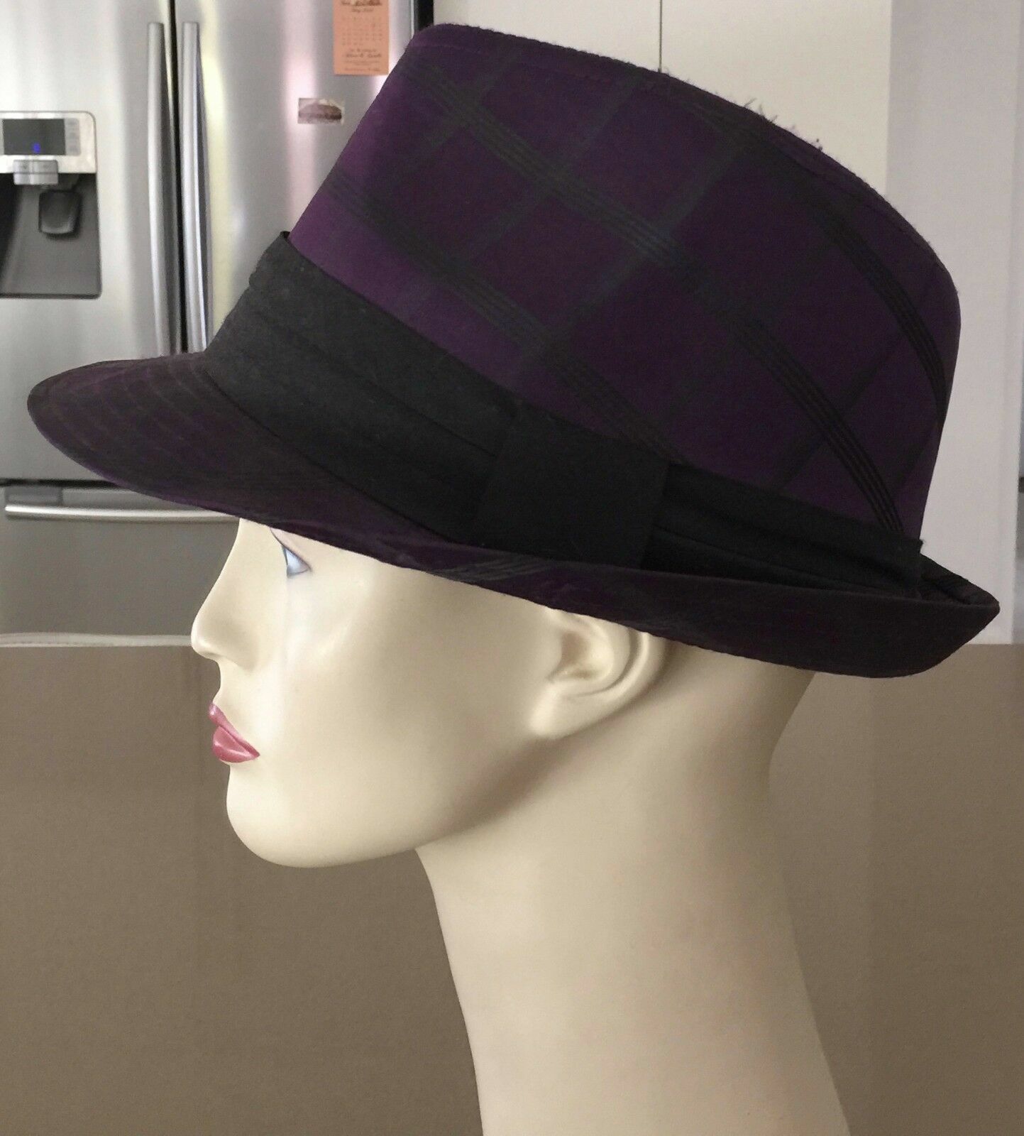 TRILBY STYLE HAT Purple & Black Check Size L To Fit 58cm Headwear Hipster Retro