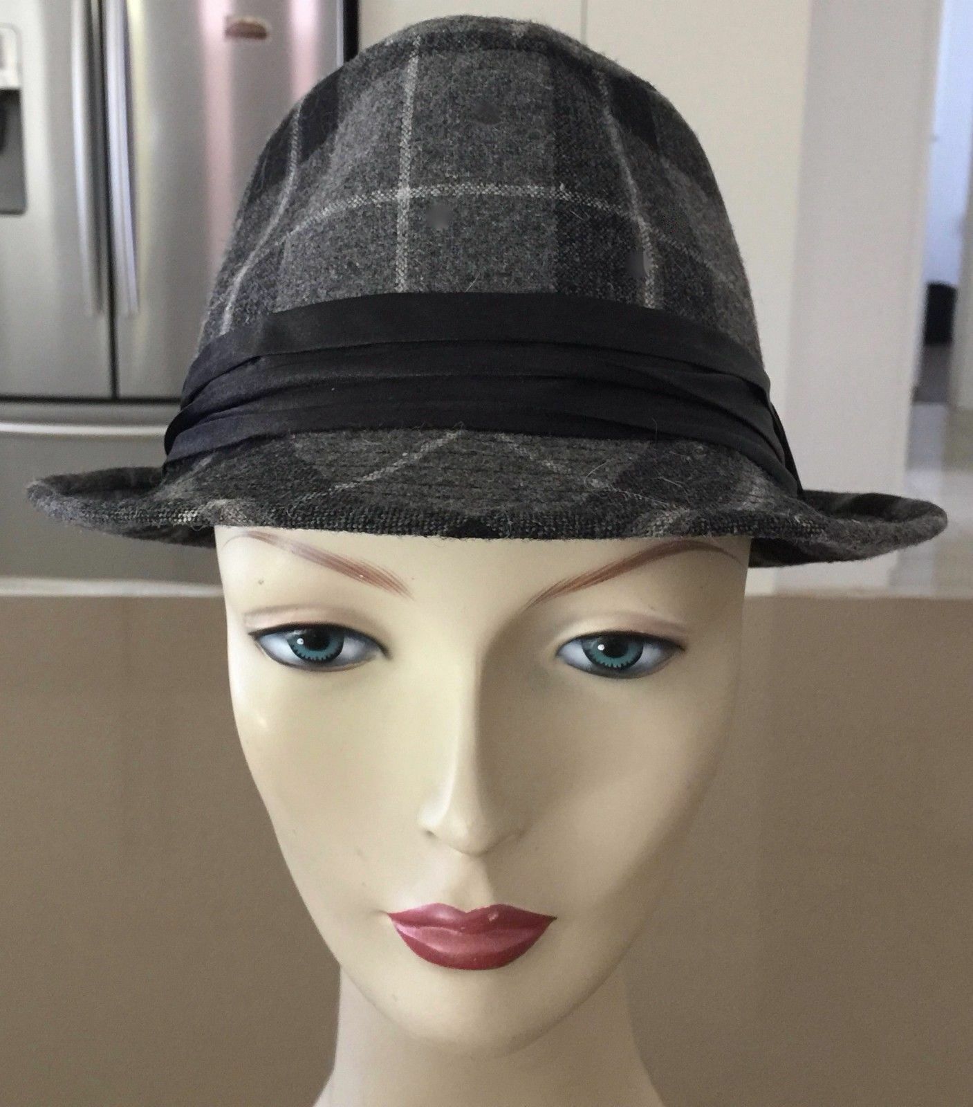 TRILBY Hat Style Grey & Black Checked Hat Size To Fit S M - 56cm Hipster Unisex