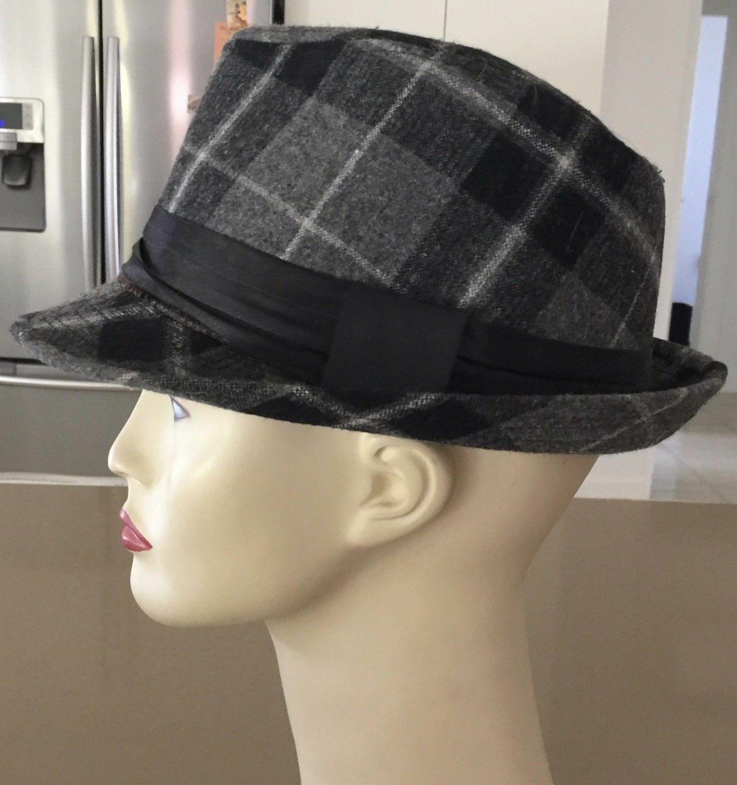 TRILBY Hat Style Grey & Black Checked Hat Size To Fit S M - 56cm Hipster Unisex