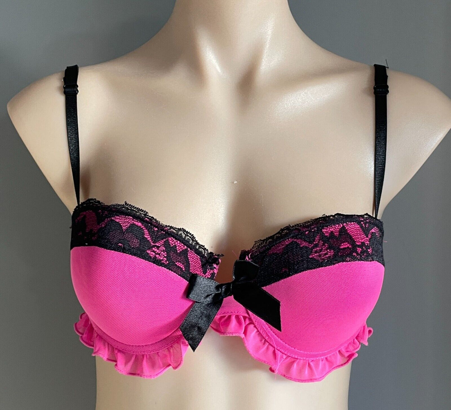 Push Up Bra Hot Pink Mesh Net Black Lace Sexy Frill Trim Underwire Size S 10