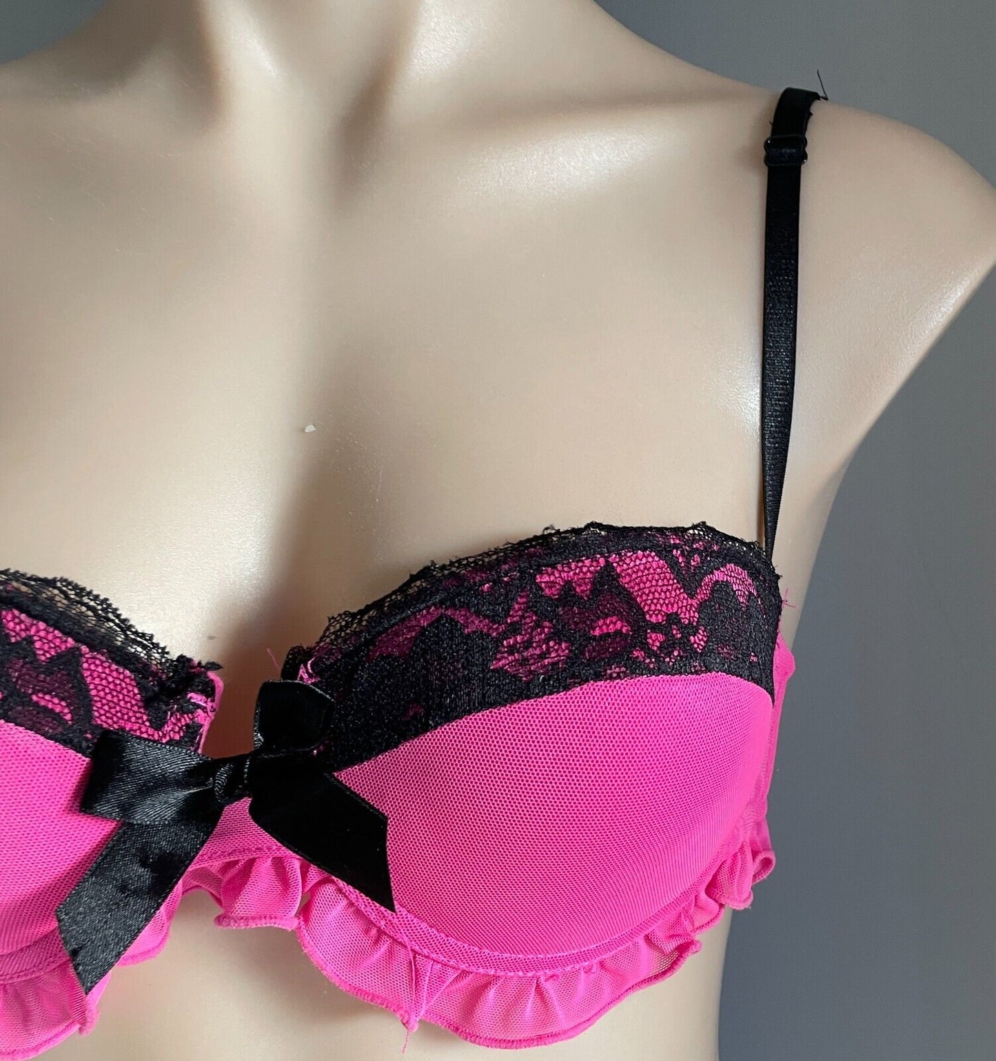 Push Up Bra Hot Pink Mesh Net Black Lace Sexy Frill Trim Underwire Size S 10