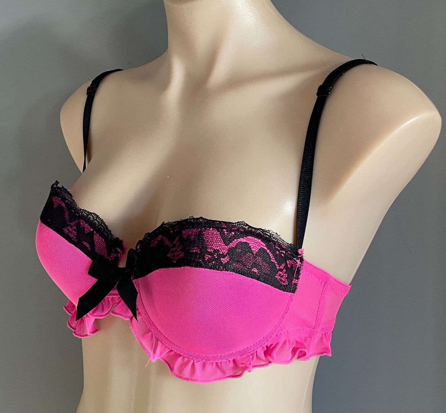 Push Up Bra Hot Pink Mesh Net Black Lace Sexy Frill Trim Underwire Size S 10