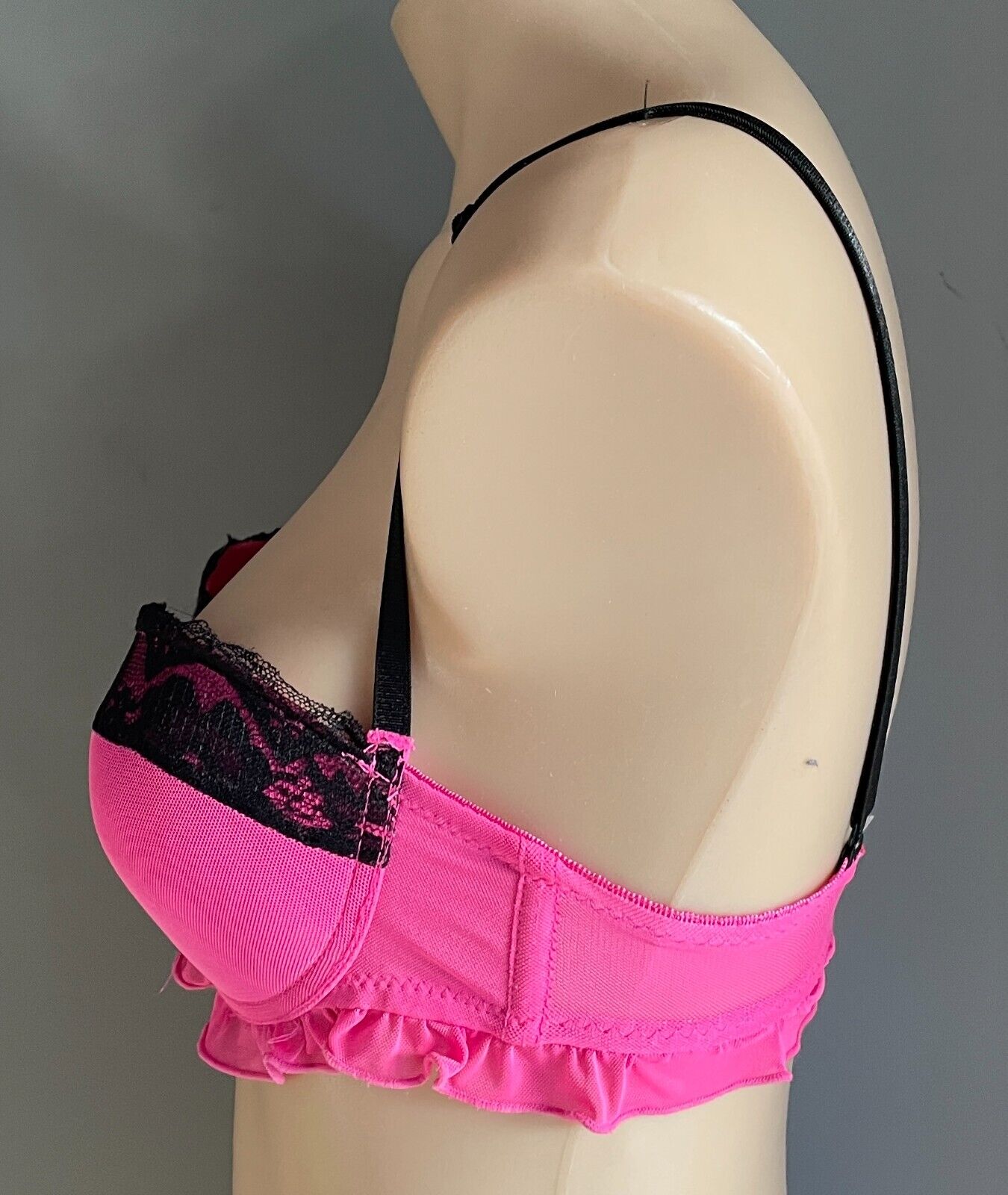 Push Up Bra Hot Pink Mesh Net Black Lace Sexy Frill Trim Underwire Size S 10