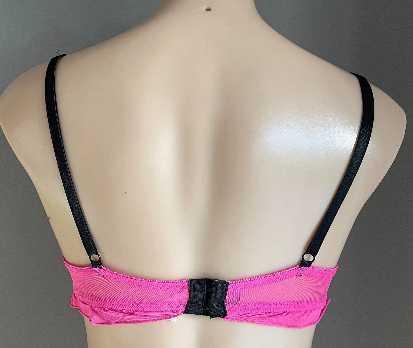 Push Up Bra Hot Pink Mesh Net Black Lace Sexy Frill Trim Underwire Size S 10