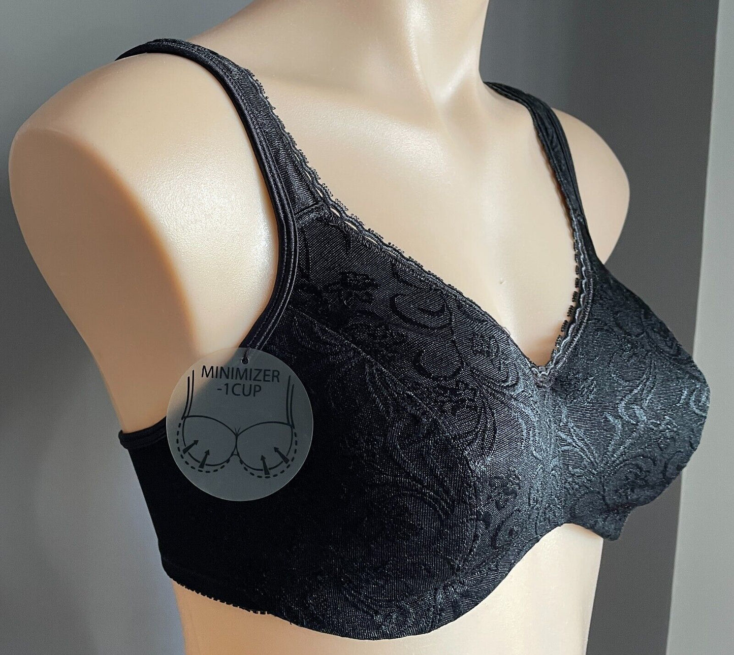 Bra 10D Black Jacquard Fabric Decorative Trim Minimiser Underwire Size 10 D NEW