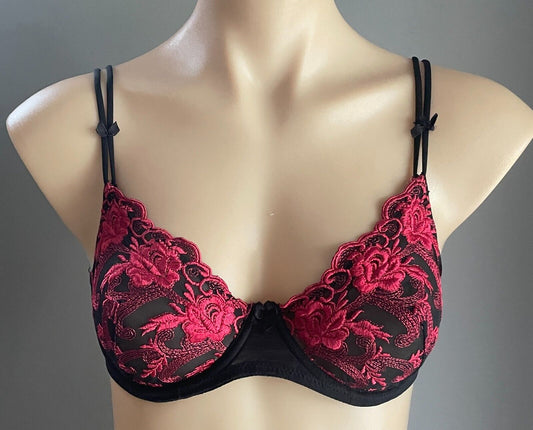 GALA BRAS Bra 10C Black Net & Red Embroidered Trim Underwire Balconette 10 C
