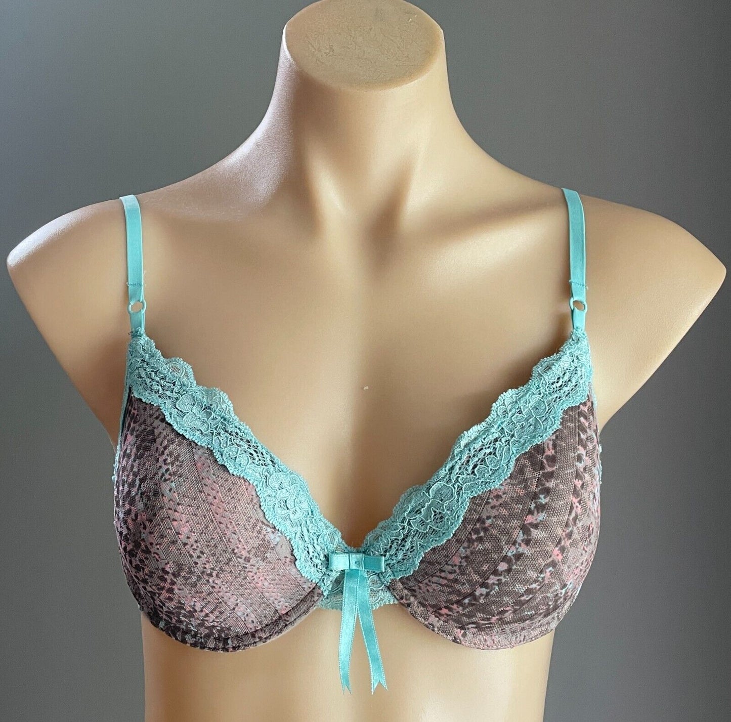 ELLE MACPHERSON Bra 12C Brown & Dusty Rose Print w Blue Lace Trim Underwire 12 C