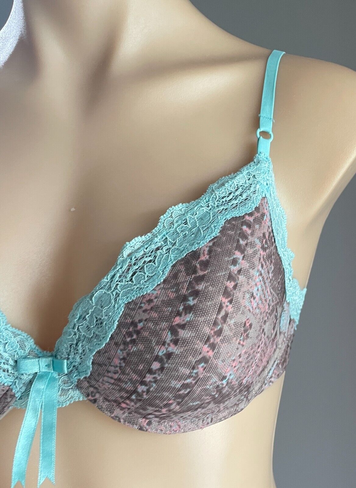 ELLE MACPHERSON Bra 12C Brown & Dusty Rose Print w Blue Lace Trim Underwire 12 C