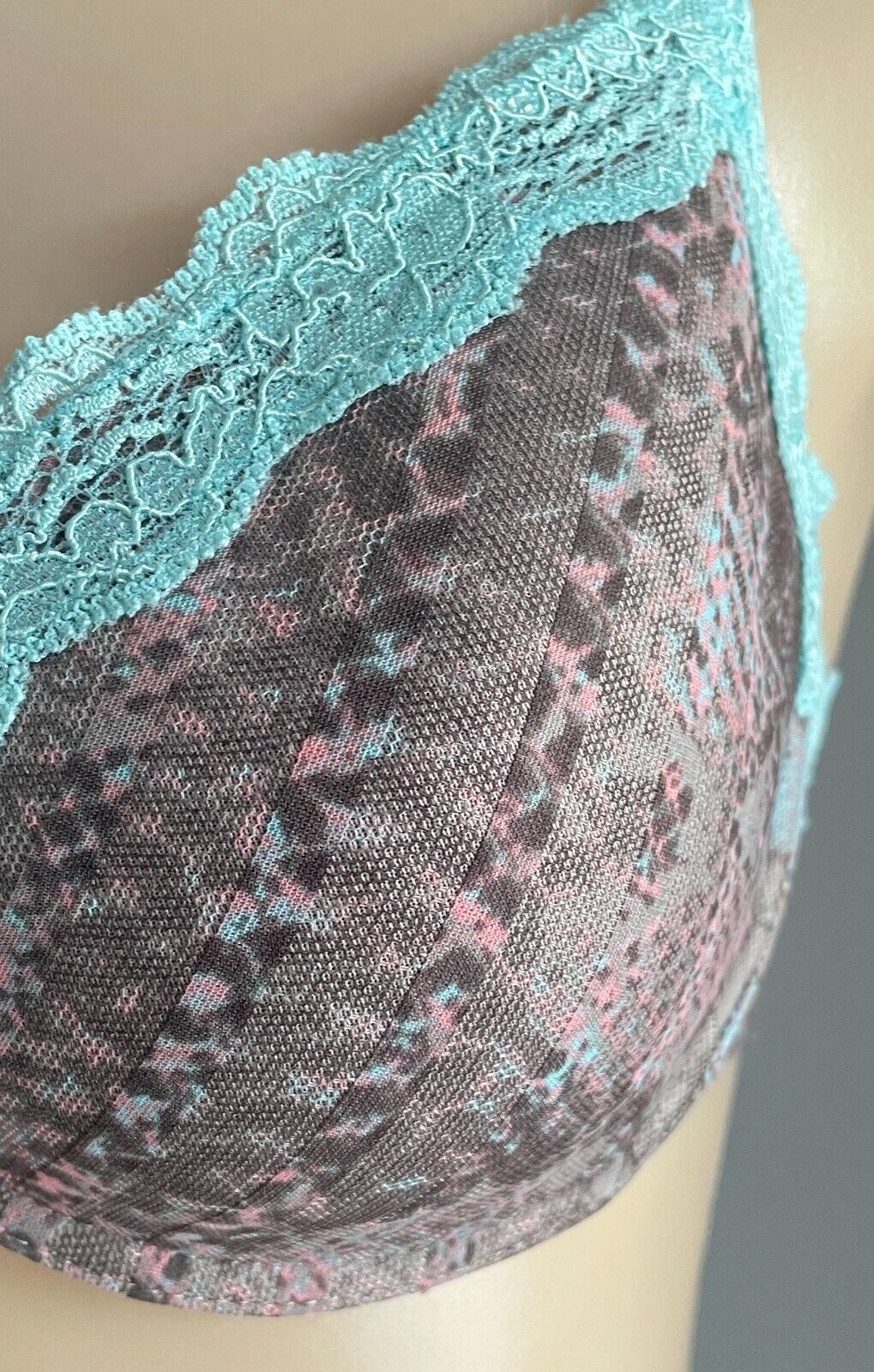 ELLE MACPHERSON Bra 12C Brown & Dusty Rose Print w Blue Lace Trim Underwire 12 C