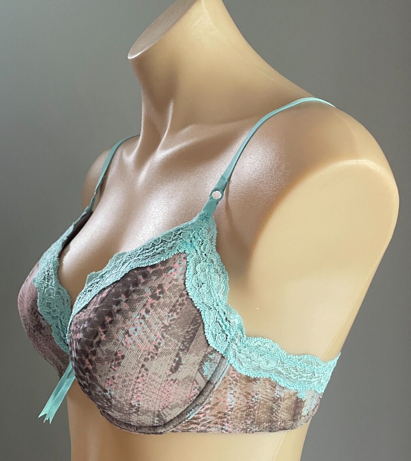 ELLE MACPHERSON Bra 12C Brown & Dusty Rose Print w Blue Lace Trim Underwire 12 C