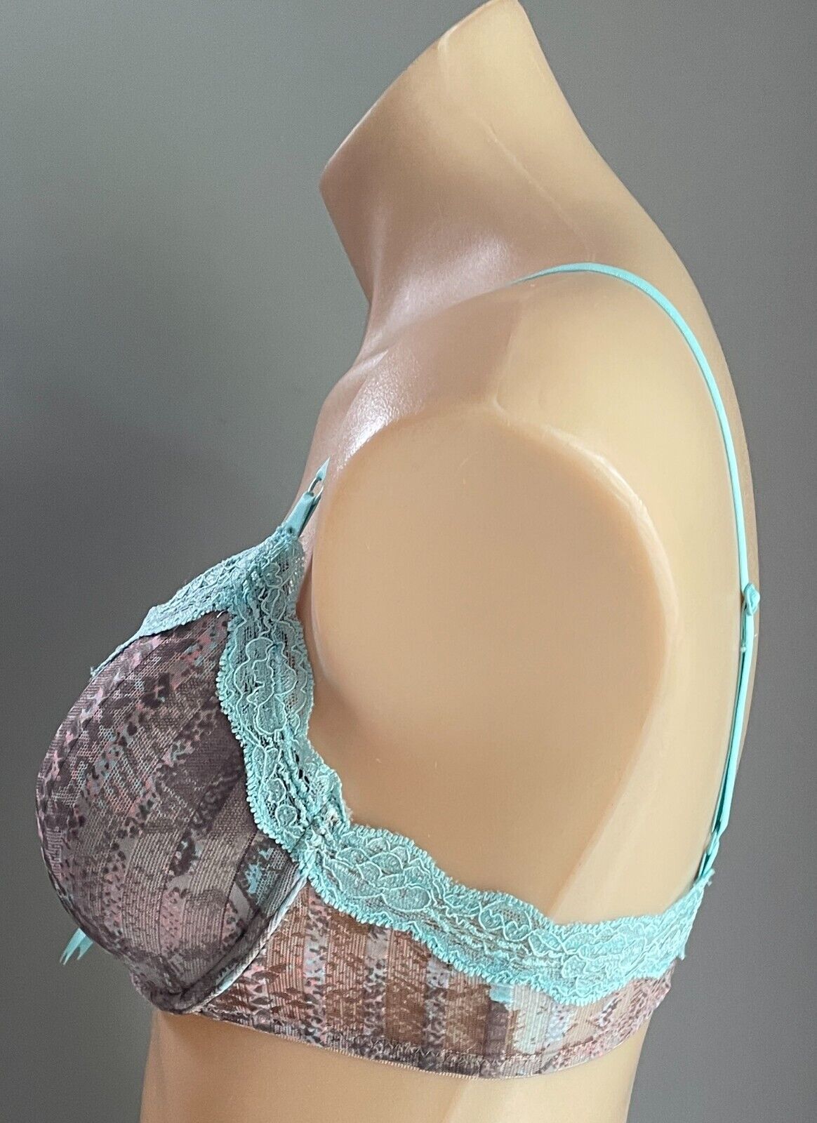 ELLE MACPHERSON Bra 12C Brown & Dusty Rose Print w Blue Lace Trim Underwire 12 C