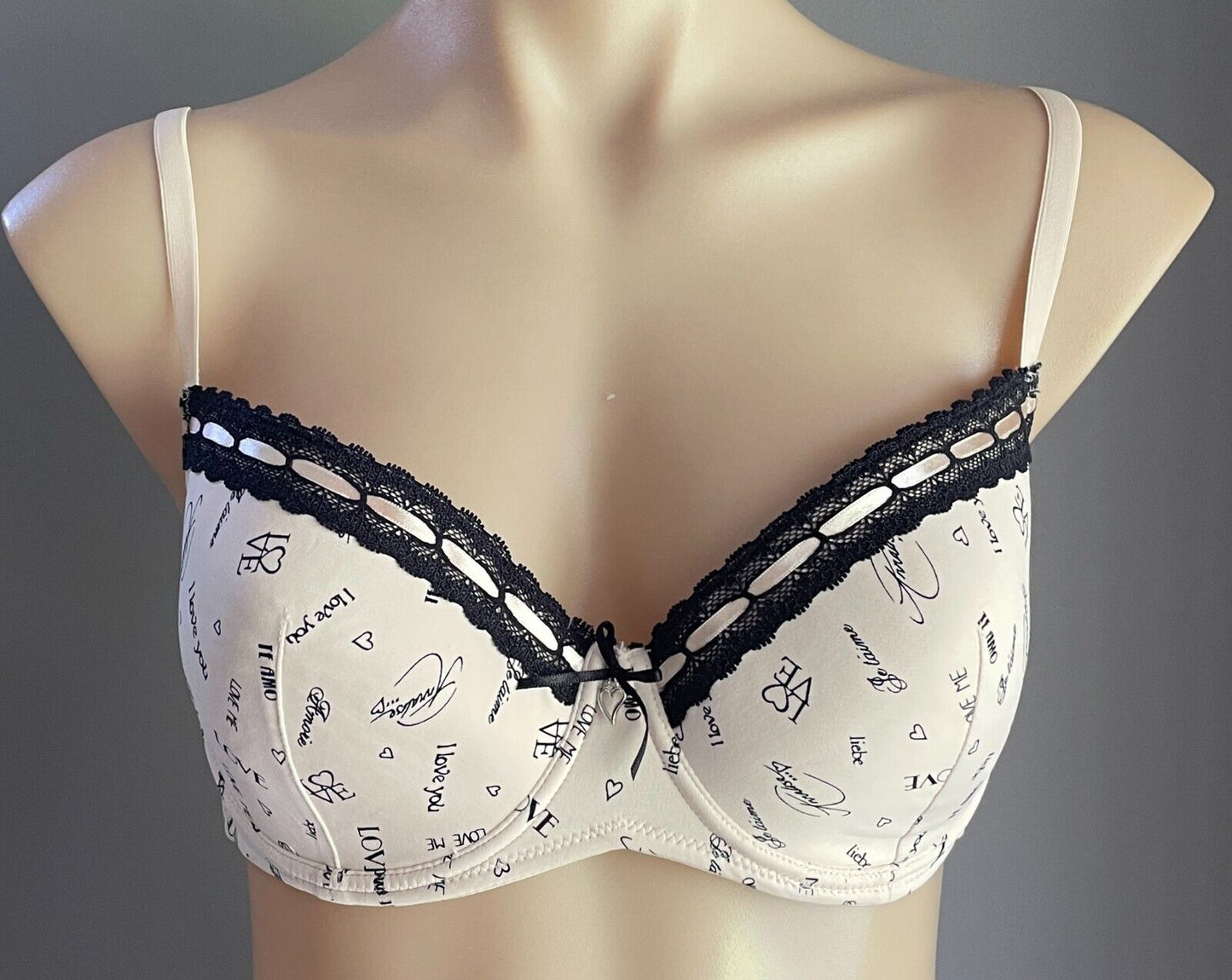 ANNALISE Bra 12DD Underwire "Love" Print Beige Black Lace Trim Ladies Size 12 DD