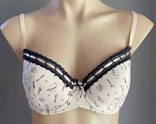 ANNALISE Bra 12DD Underwire "Love" Print Beige Black Lace Trim Ladies Size 12 DD