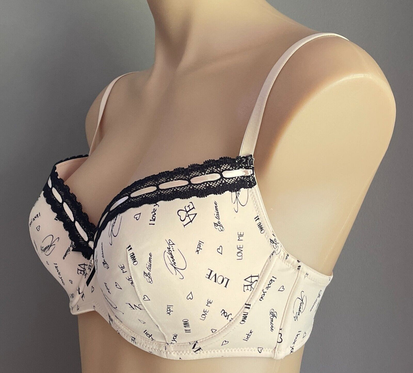 ANNALISE Bra 12DD Underwire "Love" Print Beige Black Lace Trim Ladies Size 12 DD