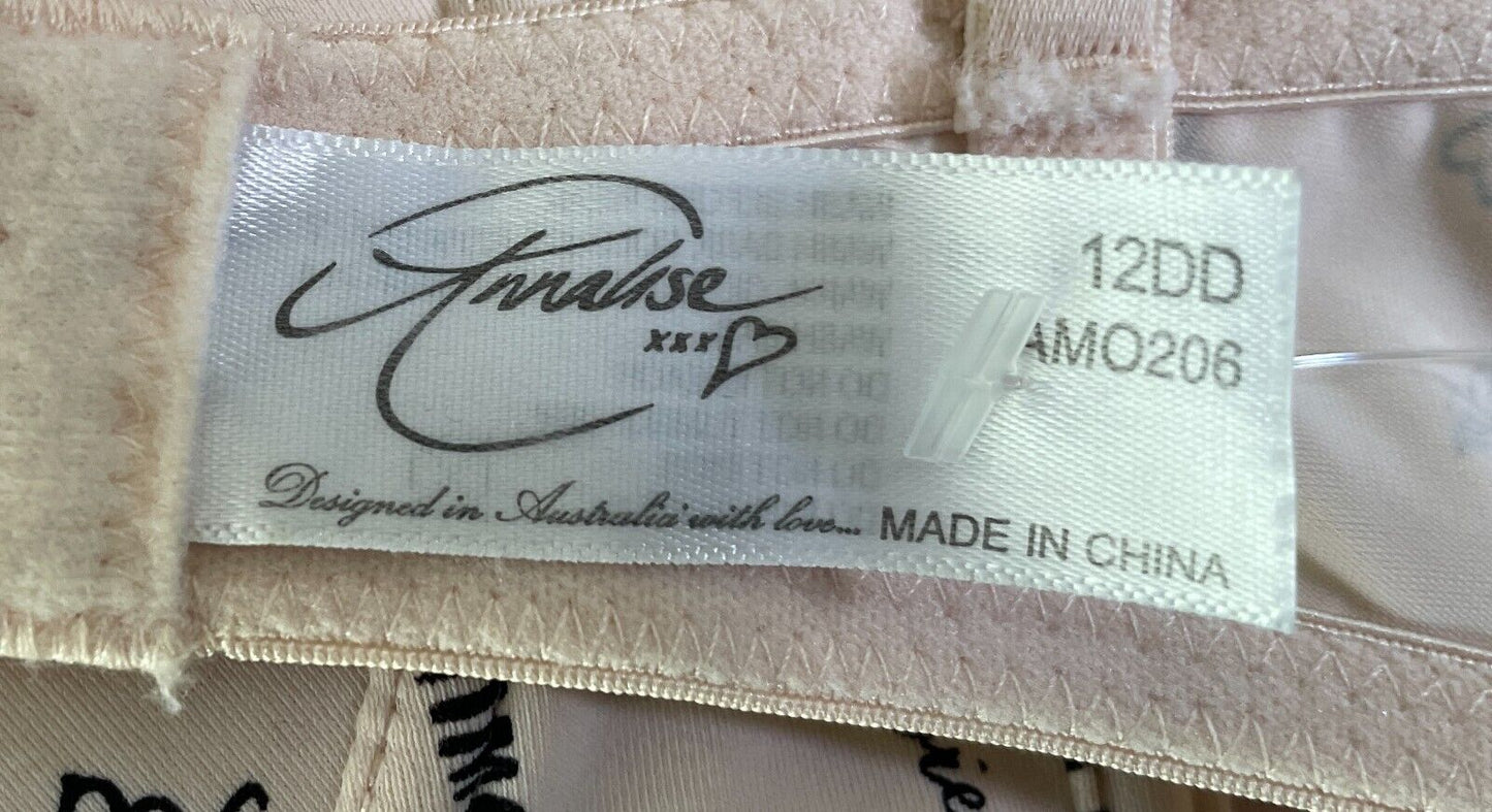 ANNALISE Bra 12DD Underwire "Love" Print Beige Black Lace Trim Ladies Size 12 DD