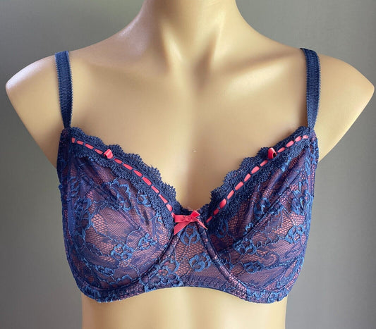 GEORGE Bra 34E Blue Lace Coral Red Lined Underwire Adjustable Strap Size 34 E 12
