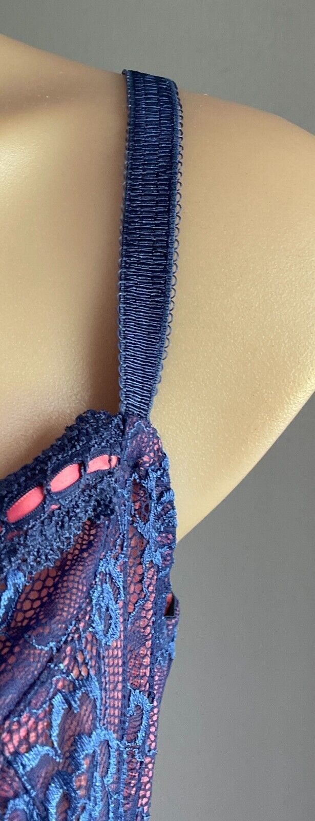 GEORGE Bra 34E Blue Lace Coral Red Lined Underwire Adjustable Strap Size 34 E 12