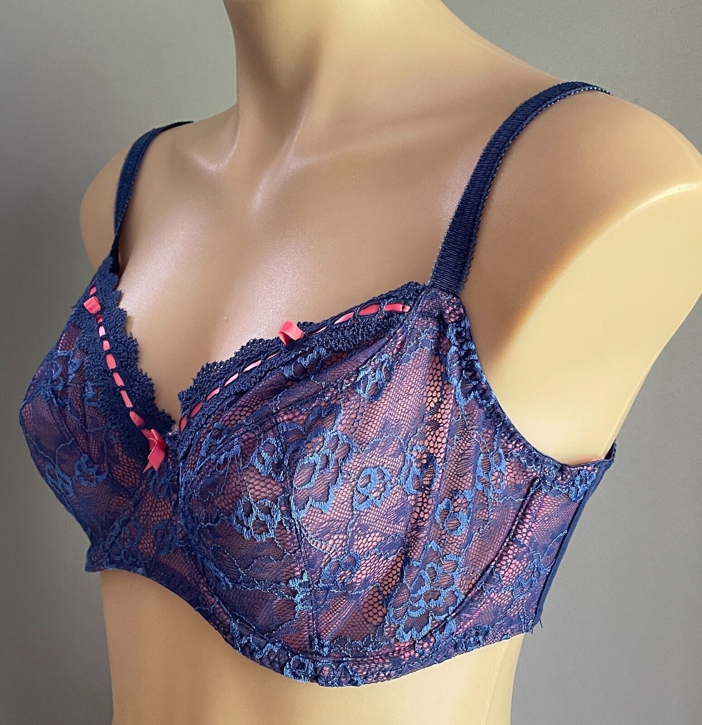 GEORGE Bra 34E Blue Lace Coral Red Lined Underwire Adjustable Strap Size 34 E 12