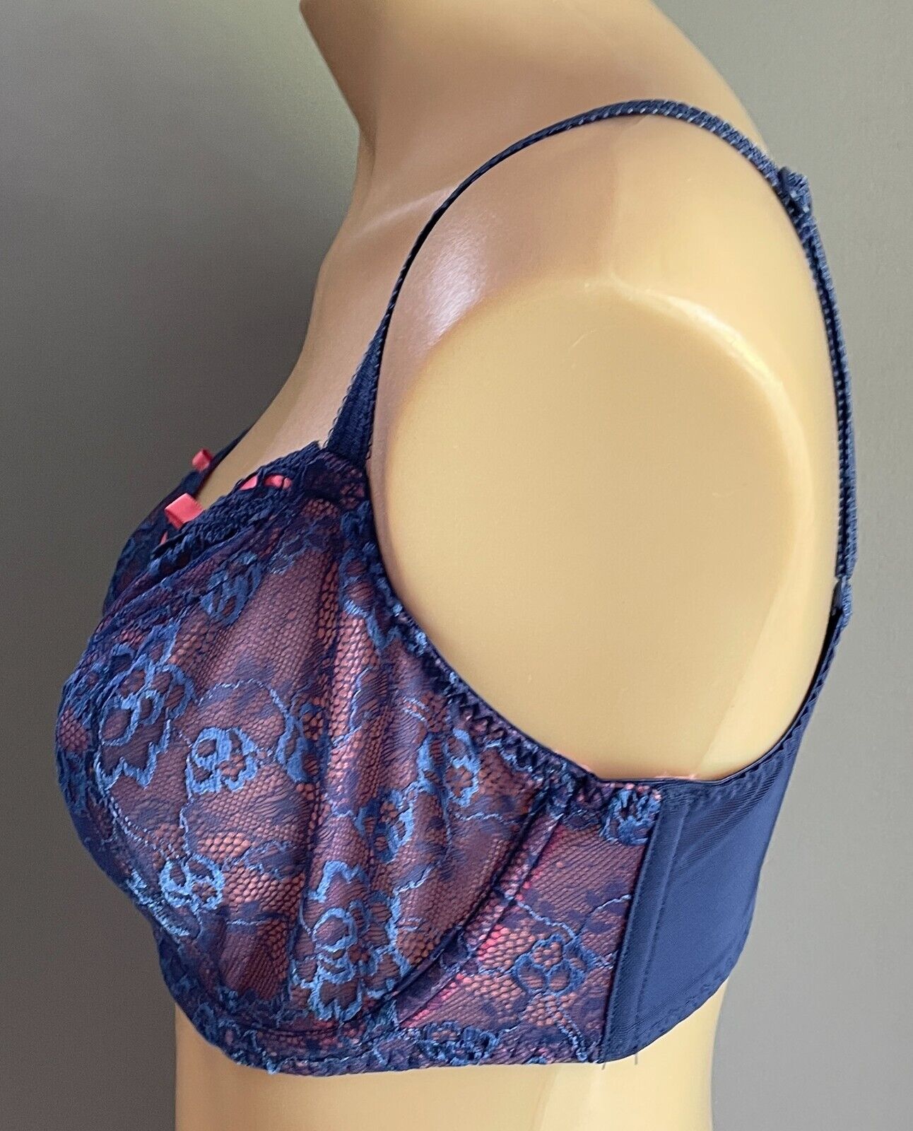 GEORGE Bra 34E Blue Lace Coral Red Lined Underwire Adjustable Strap Size 34 E 12