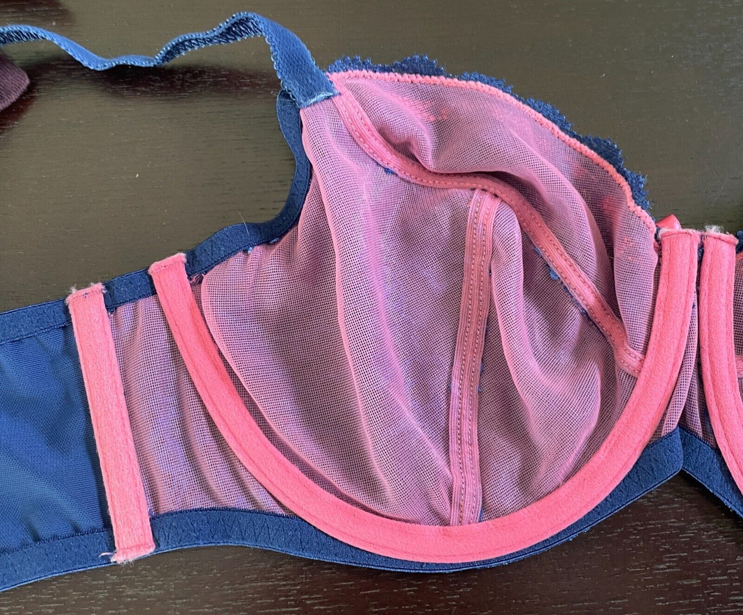 GEORGE Bra 34E Blue Lace Coral Red Lined Underwire Adjustable Strap Size 34 E 12