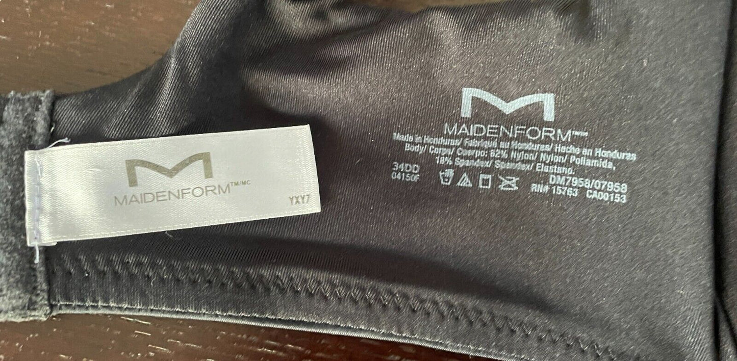 MAIDENFORM Bra 12DD Black Moulded Cup Lace Trim Adjust Strap Underwire 34 DD 12