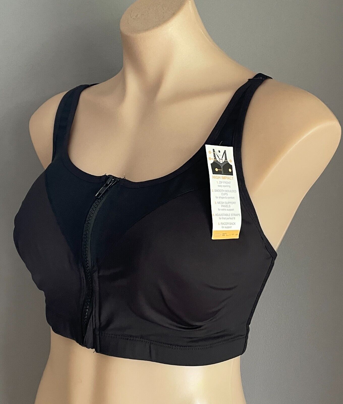 ELITE Crop Top Black Zip Front Racer Back Adjust High Impact Bra Size L 12 NEW