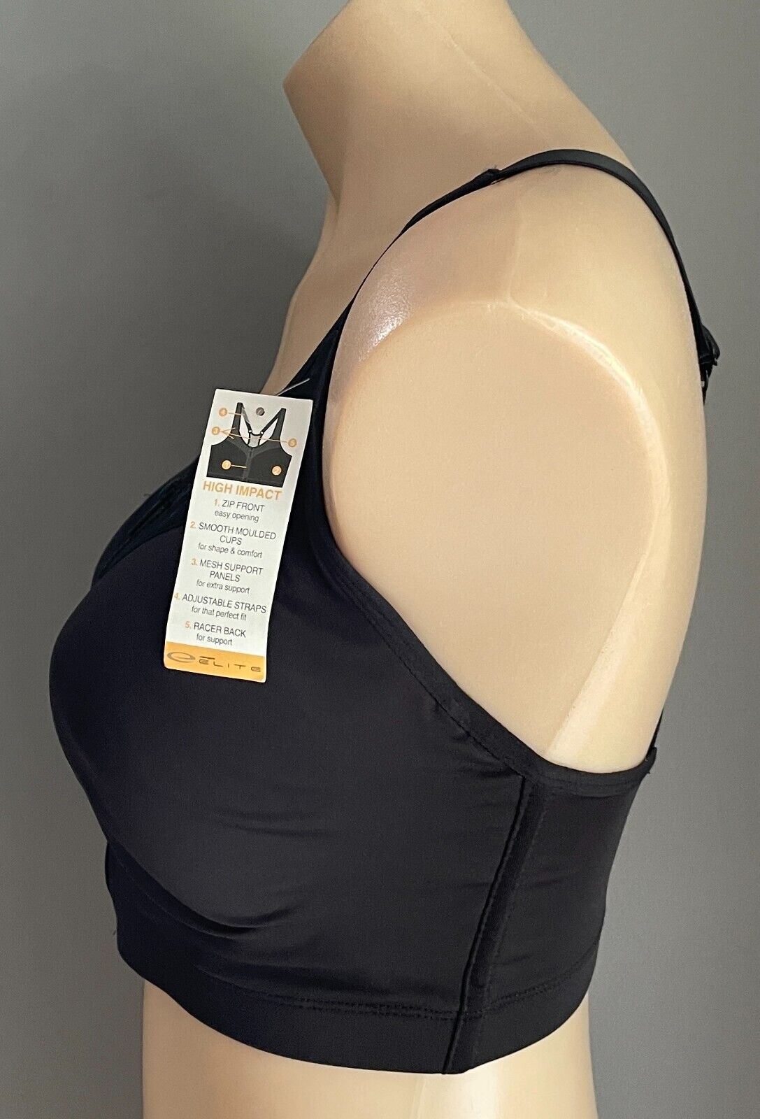 ELITE Crop Top Black Zip Front Racer Back Adjust High Impact Bra Size L 12 NEW