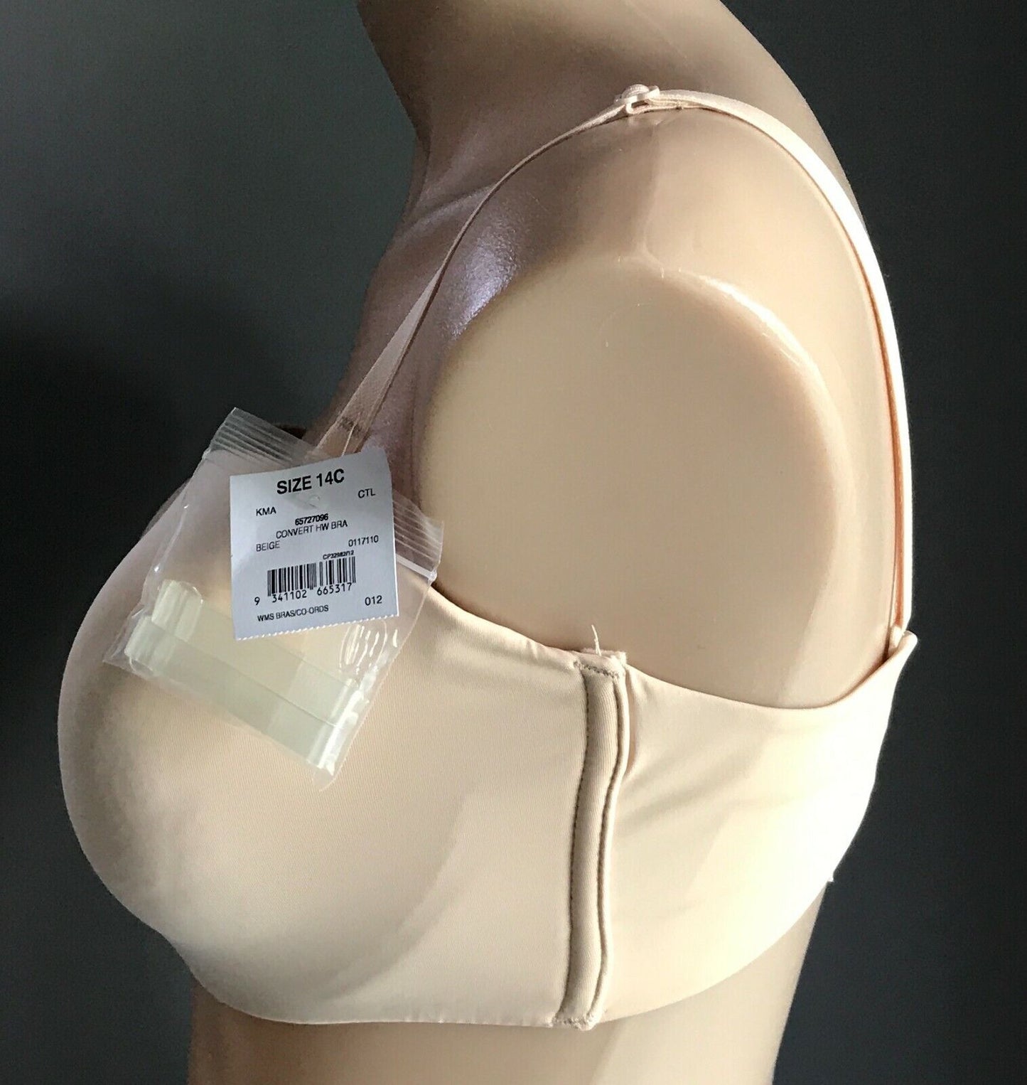 KMART Bra 14C Underwire Bra Beige Convertible Smooth Clear Straps K Mart NEW 14