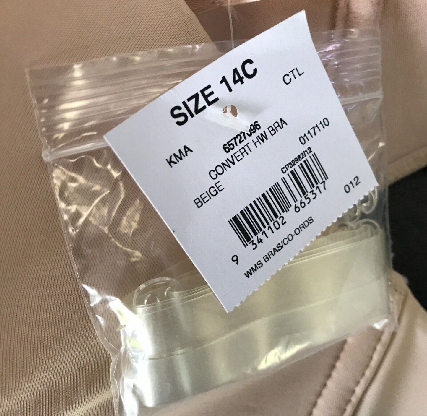 KMART Bra 14C Underwire Bra Beige Convertible Smooth Clear Straps K Mart NEW 14