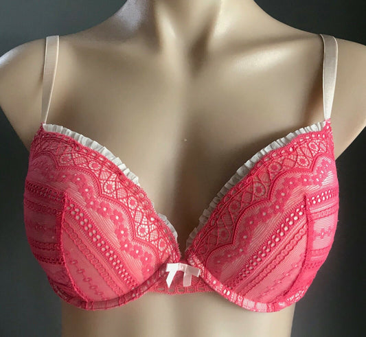 LOVEABLE Bra 14C Underwire Bra Coral Lace & White Ruffle Trim Push Up Boost 14 C