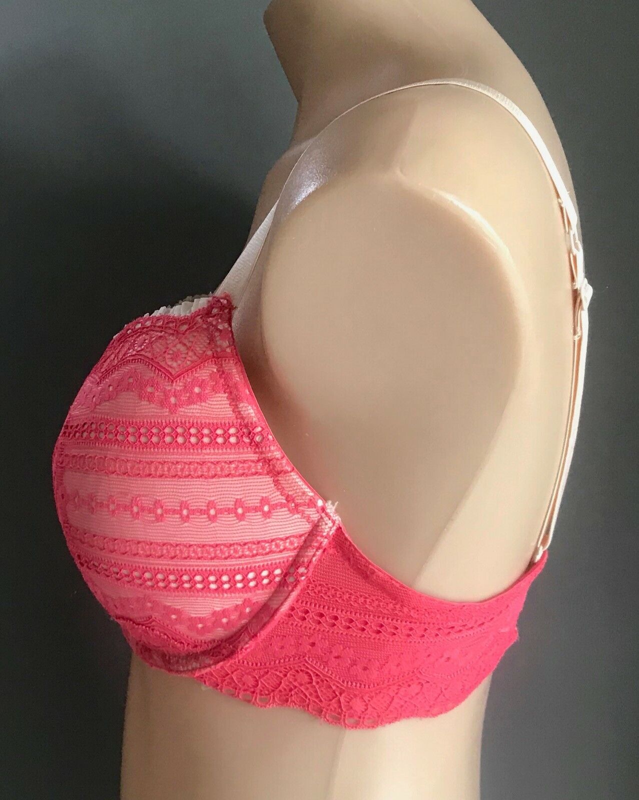 LOVEABLE Bra 14C Underwire Bra Coral Lace & White Ruffle Trim Push Up Boost 14 C