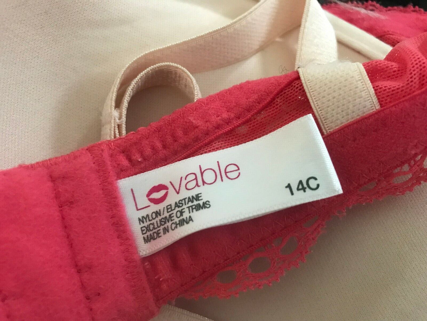 LOVEABLE Bra 14C Underwire Bra Coral Lace & White Ruffle Trim Push Up Boost 14 C