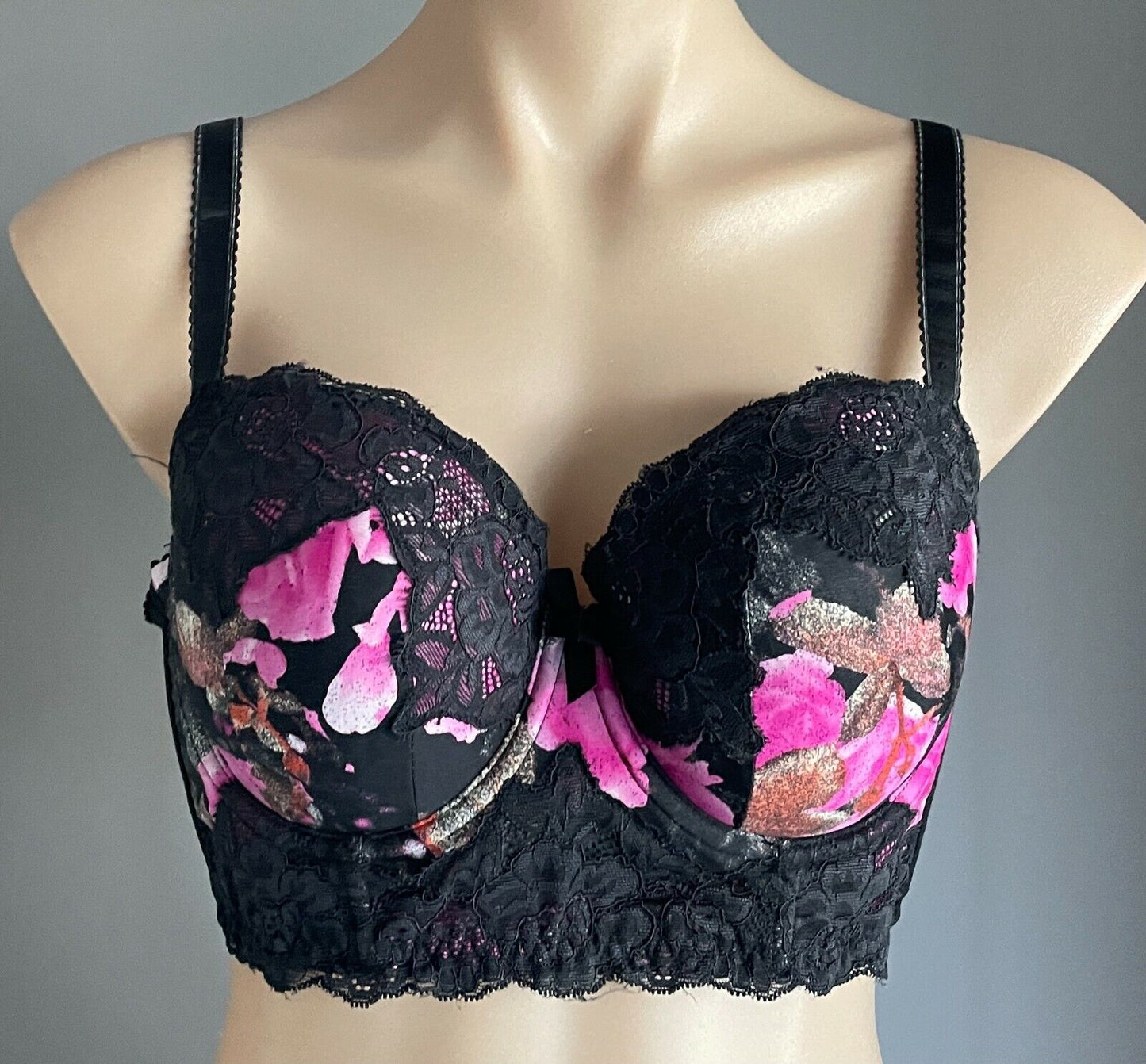 CITY CHIC Bra 18B Underwire Black Floral Print Lace Trim Balconette 18 B NEW