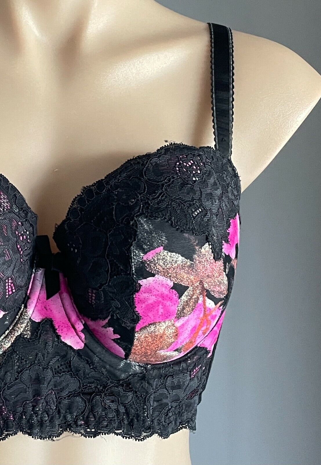 CITY CHIC Bra 18B Underwire Black Floral Print Lace Trim Balconette 18 B NEW