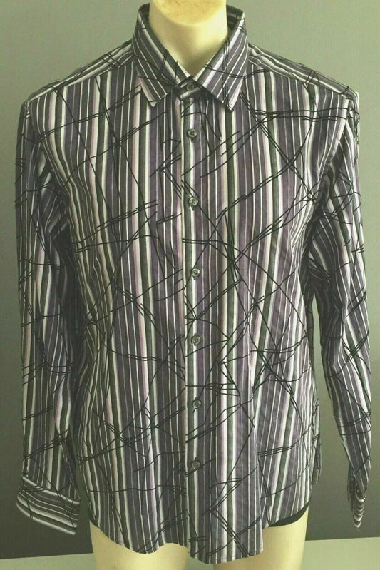 Mens BLAQ Shirt Long Sleeve Purple Grey & Black Stripe Button Dress Size L NEW