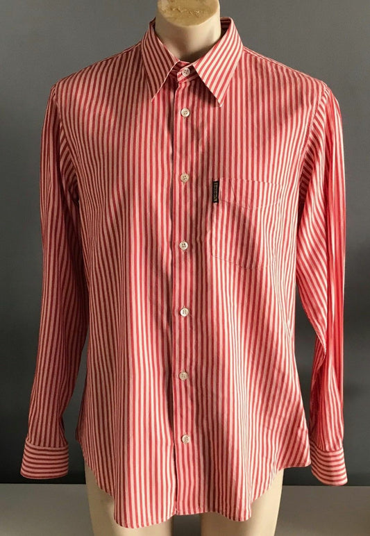 ARMANI JEANS Hemp Cotton Shirt Red Salmon Stripe Ecco Long Sleeve Mens  Size L