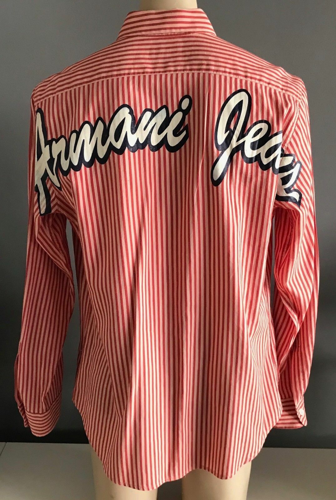 ARMANI JEANS Hemp Cotton Shirt Red Salmon Stripe Ecco Long Sleeve Mens  Size L