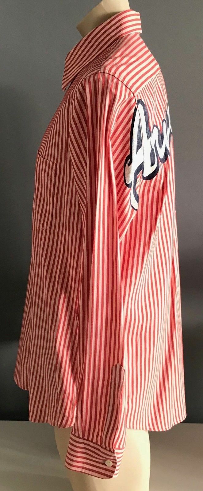 ARMANI JEANS Hemp Cotton Shirt Red Salmon Stripe Ecco Long Sleeve Mens  Size L