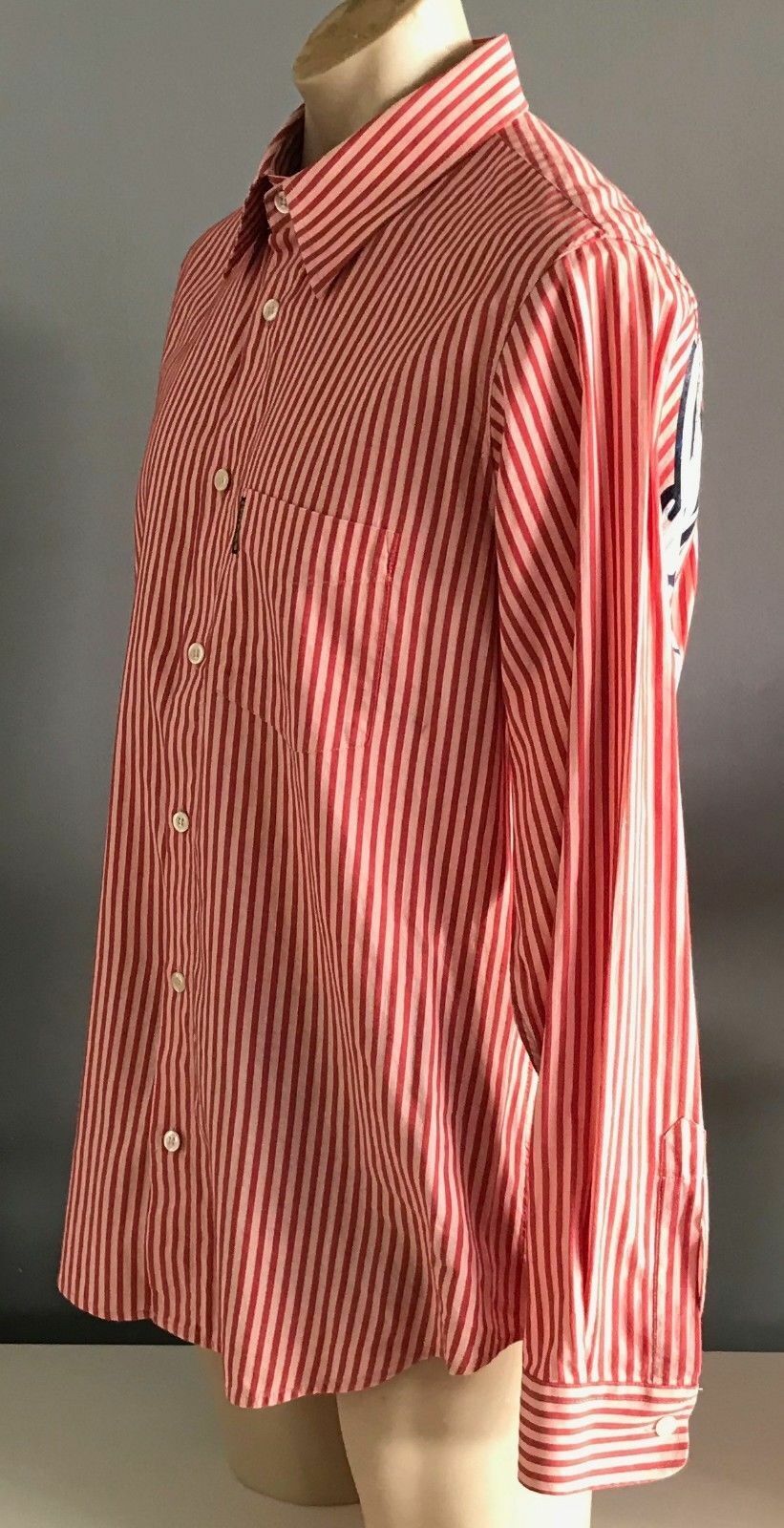 ARMANI JEANS Hemp Cotton Shirt Red Salmon Stripe Ecco Long Sleeve Mens  Size L