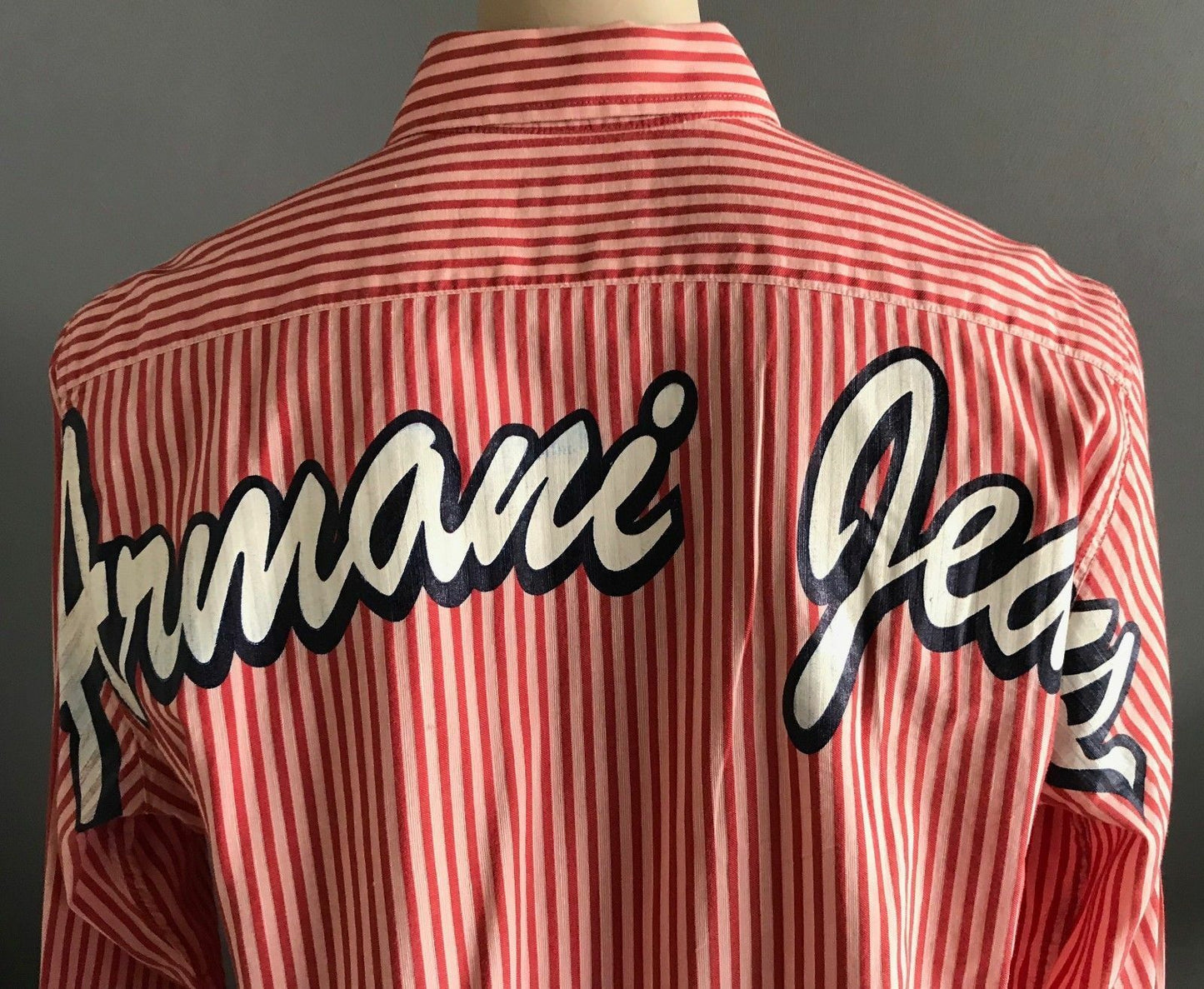 ARMANI JEANS Hemp Cotton Shirt Red Salmon Stripe Ecco Long Sleeve Mens  Size L