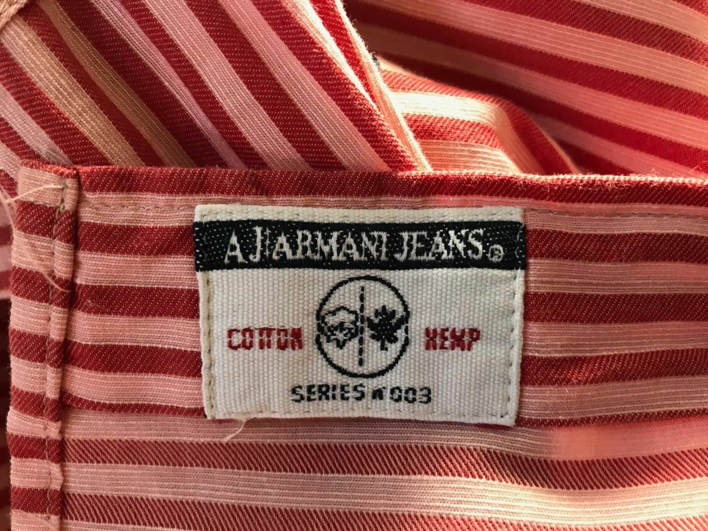 ARMANI JEANS Hemp Cotton Shirt Red Salmon Stripe Ecco Long Sleeve Mens  Size L